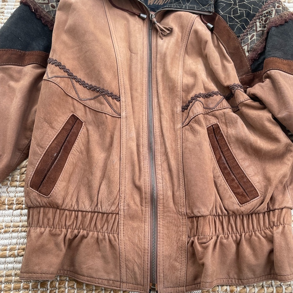 Vintage Winlit Leather Jacket Boho Patchwork Western Distressed Brown 90s - Picture 6 of 14